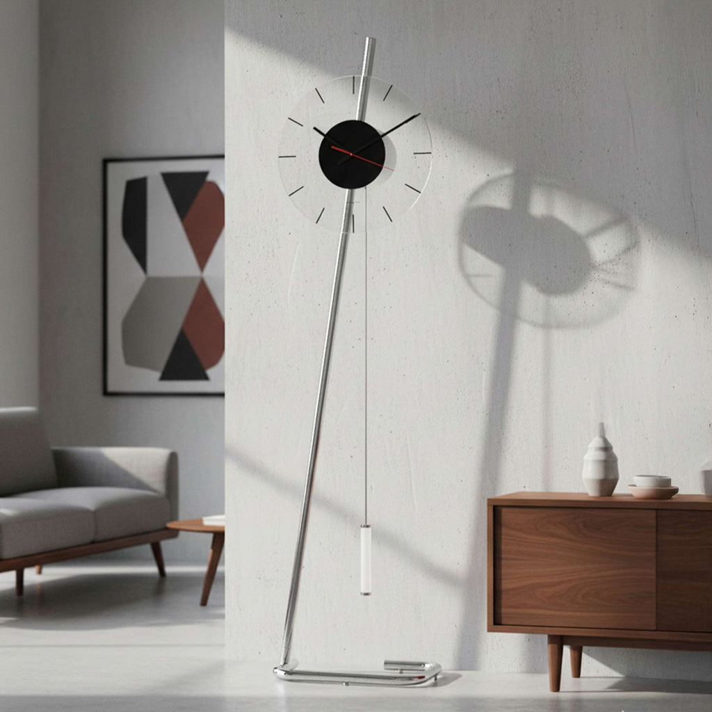 Modern wall clock with a minimalist design, casting a shadow on a light wall in a stylish interior.