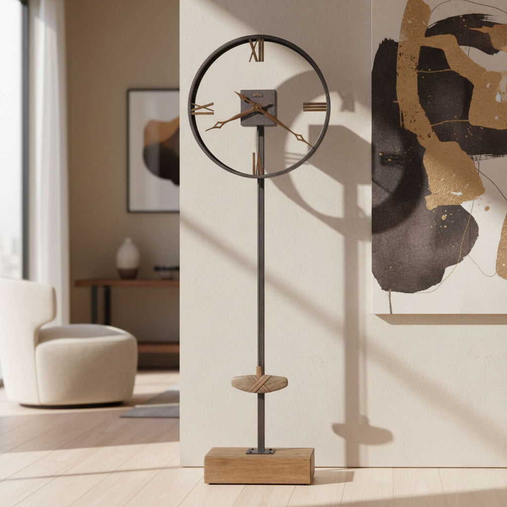 Modern floor clock with a circular design and wooden base in a contemporary living space.