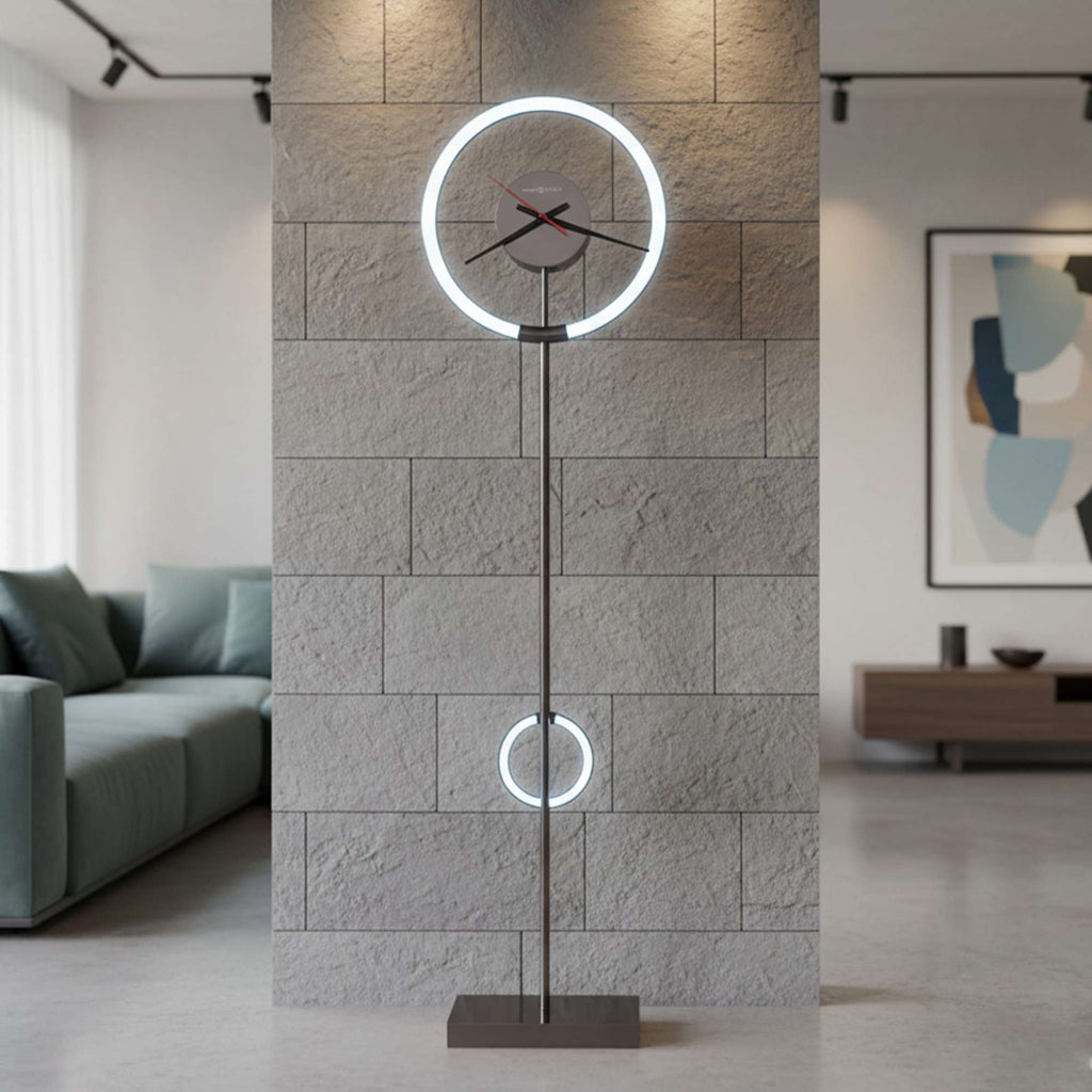 Modern floor lamp with circular light design in a contemporary living room setting.