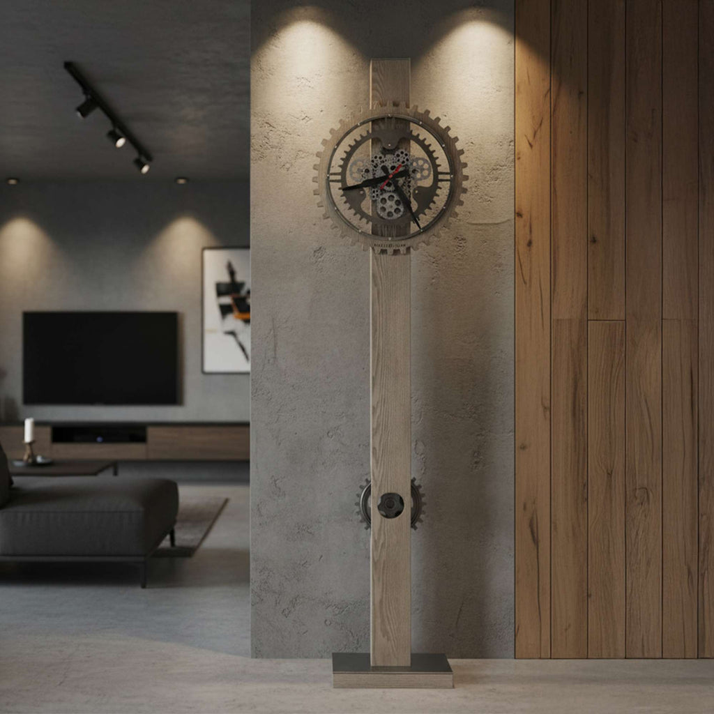 Modern wooden clock with gear design in a stylish living room setting