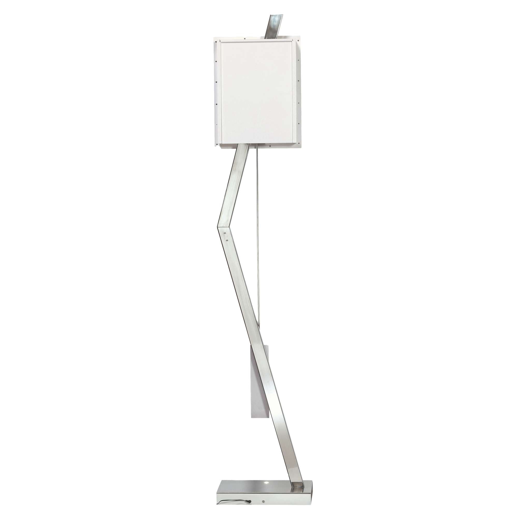 A modern, minimalist floor lamp with a geometric design and a sleek metallic finish.