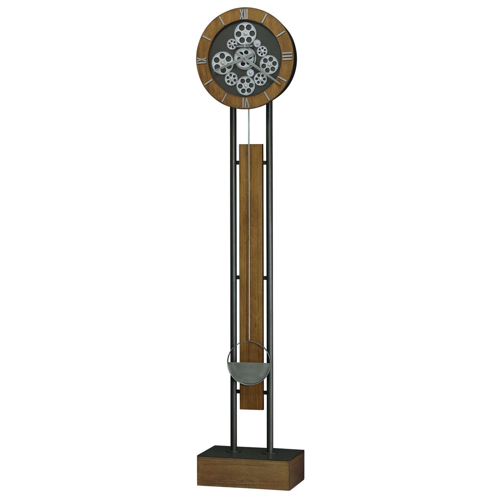 Modern decorative floor clock with a circular face and wooden accents.