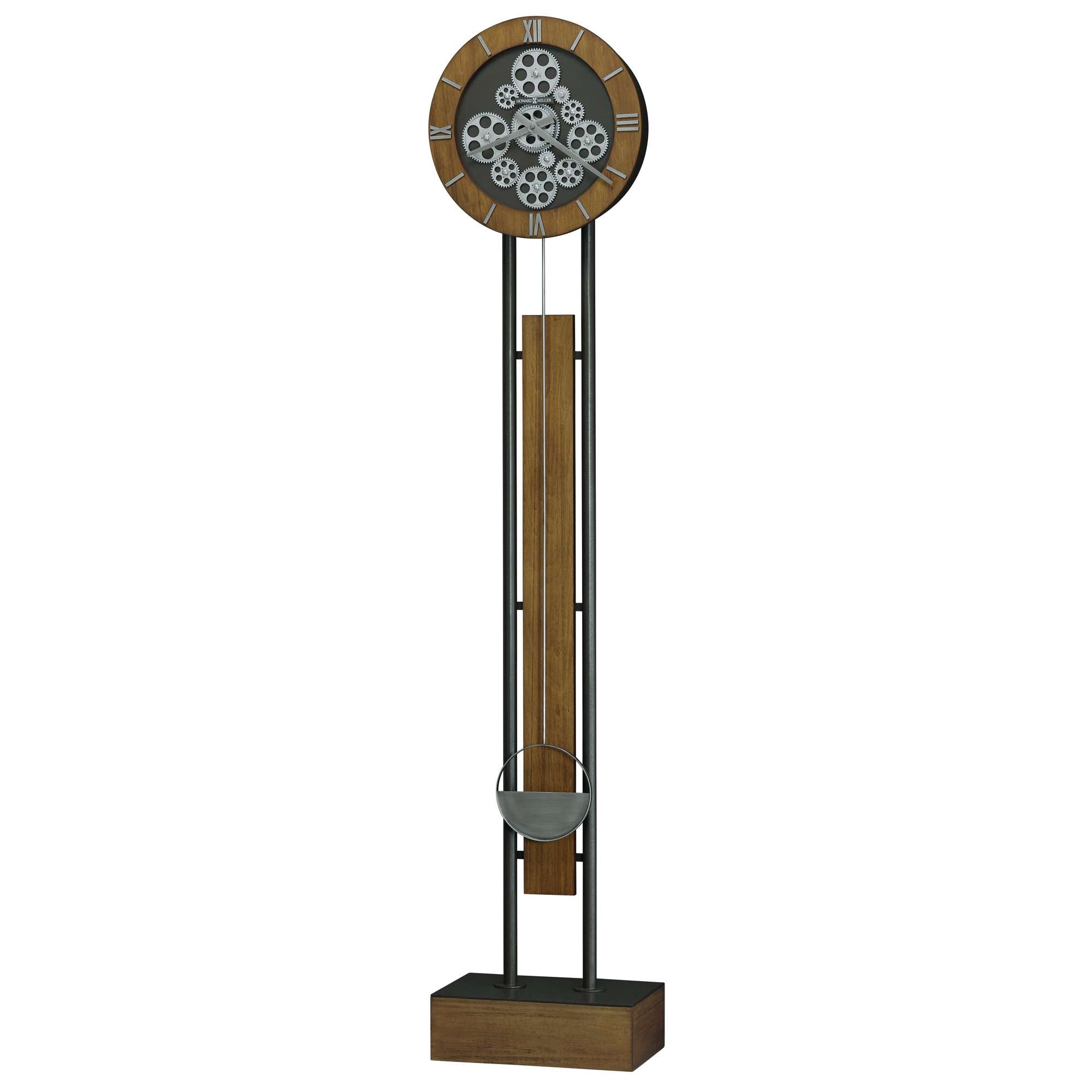 Modern decorative floor clock with a circular face and wooden accents.