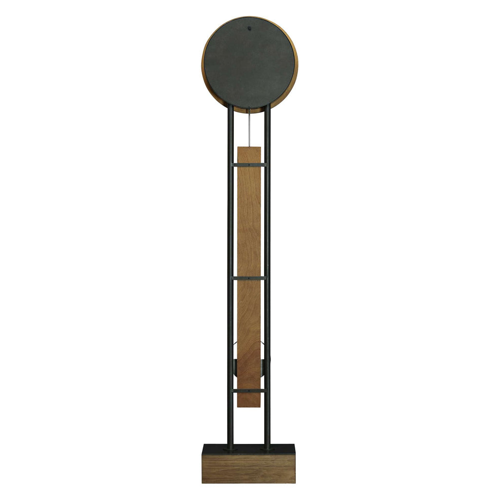 Modern clock design with a round face, wooden accents, and a black metal frame.