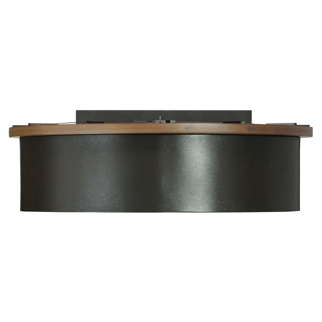 A modern, curved black light fixture with a wooden trim.