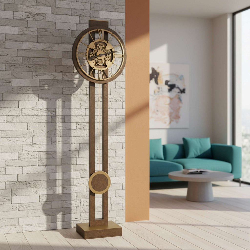 A stylish, modern standing clock against a stone wall in a bright living room.