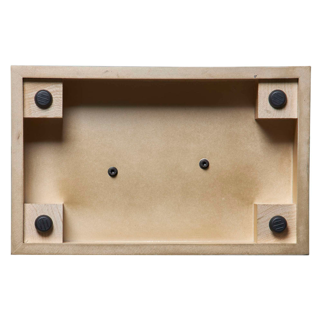 View of the back of a wooden frame with four corner supports and two mounting hardware holes.