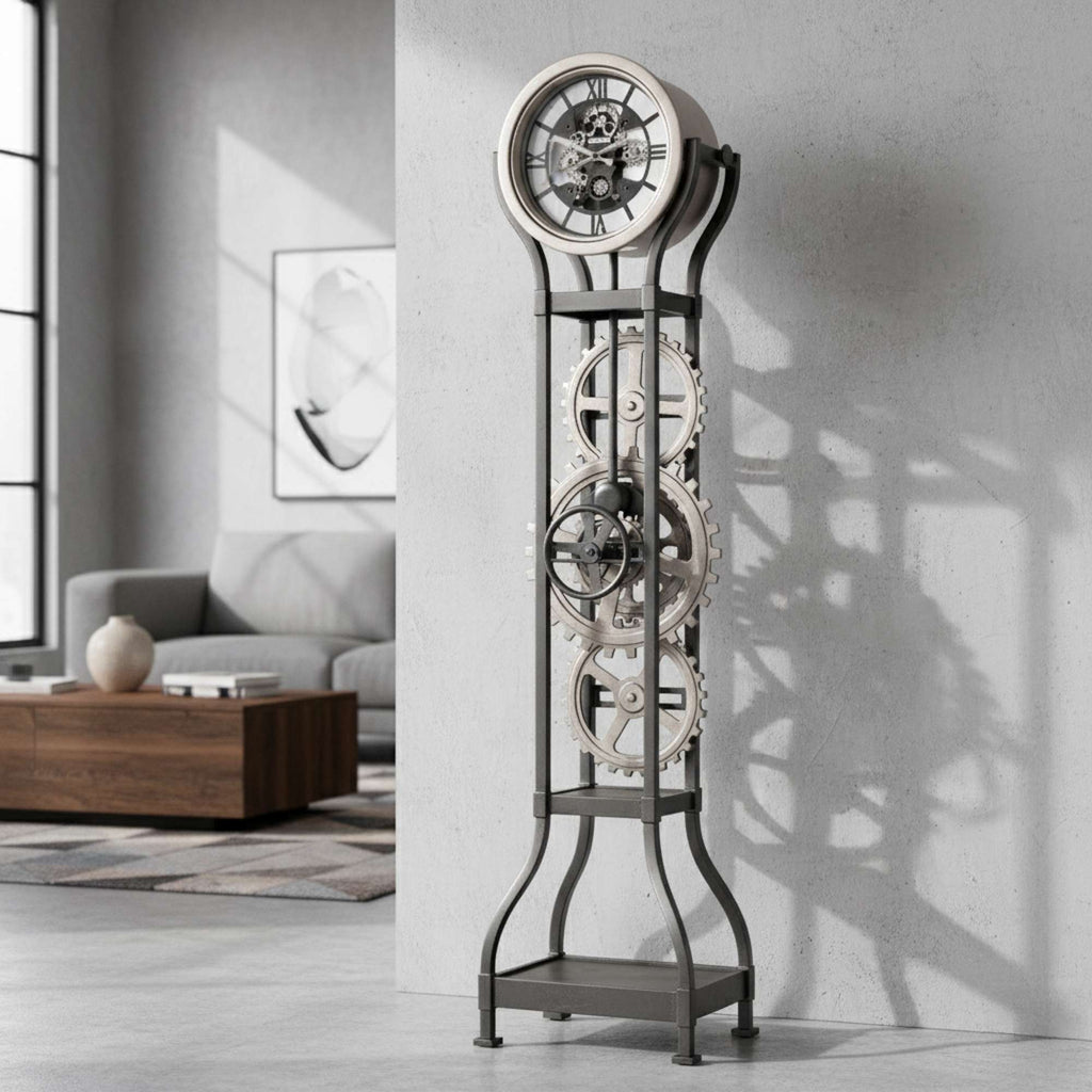 A modern floor clock with a minimalist design, standing in a stylish living room.