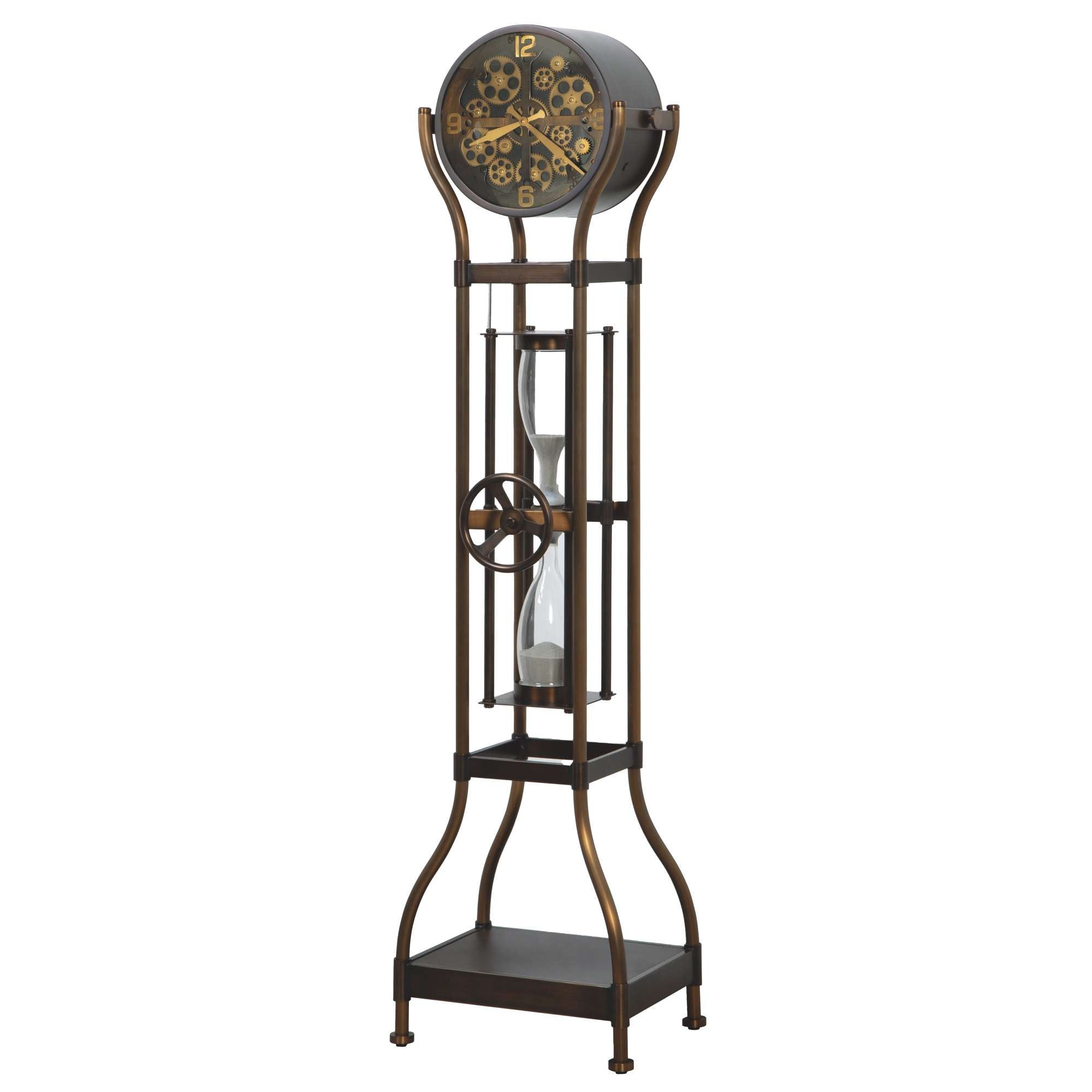 A vintage-style floor clock with an hourglass and decorative metal frame.