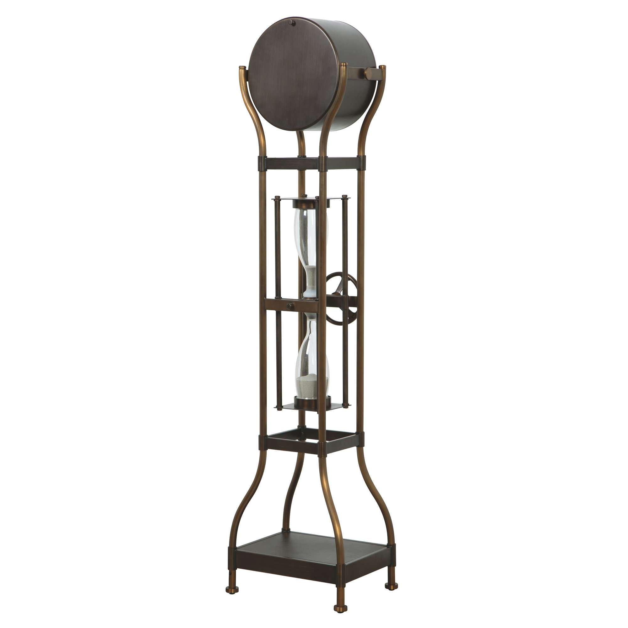 A tall, decorative hourglass stand with a vintage design, featuring a circular top and a mechanical element.