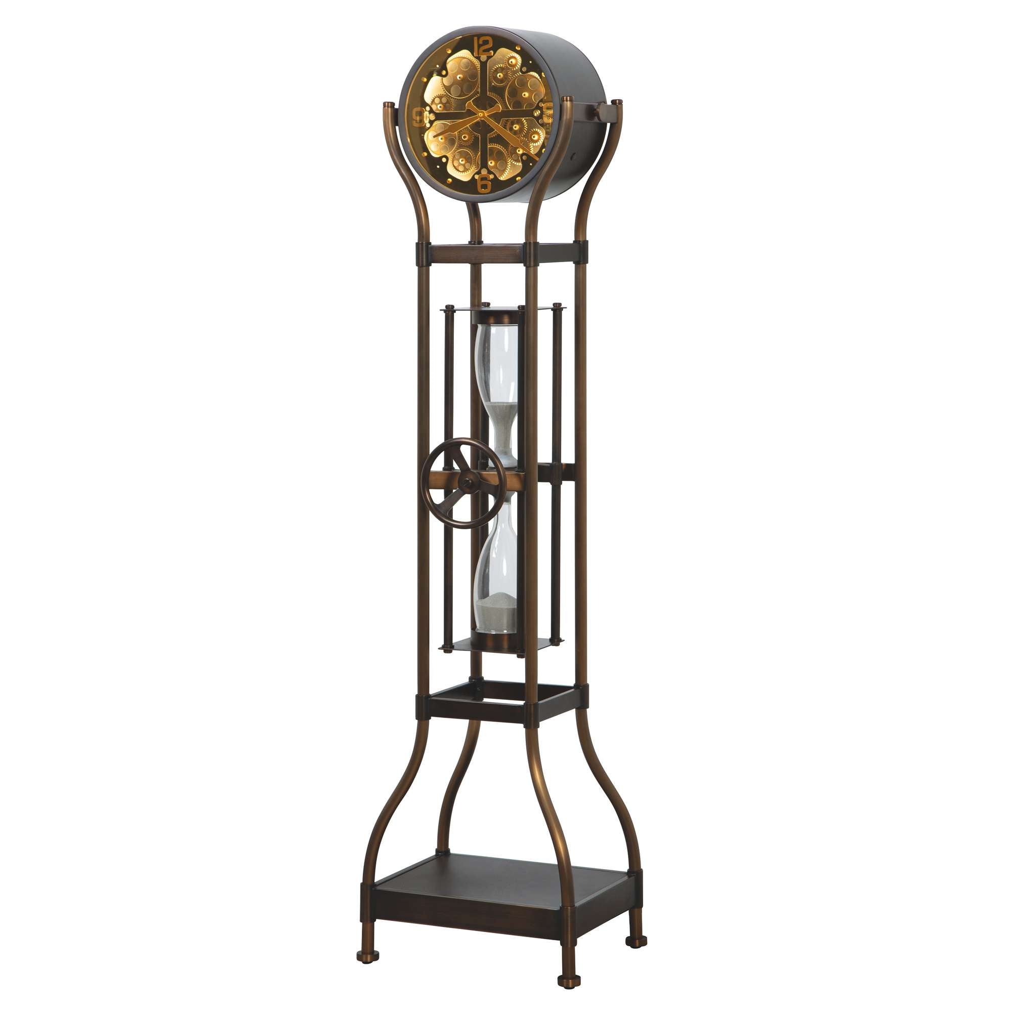 A decorative floor clock with an hourglass design and ornate clock face.