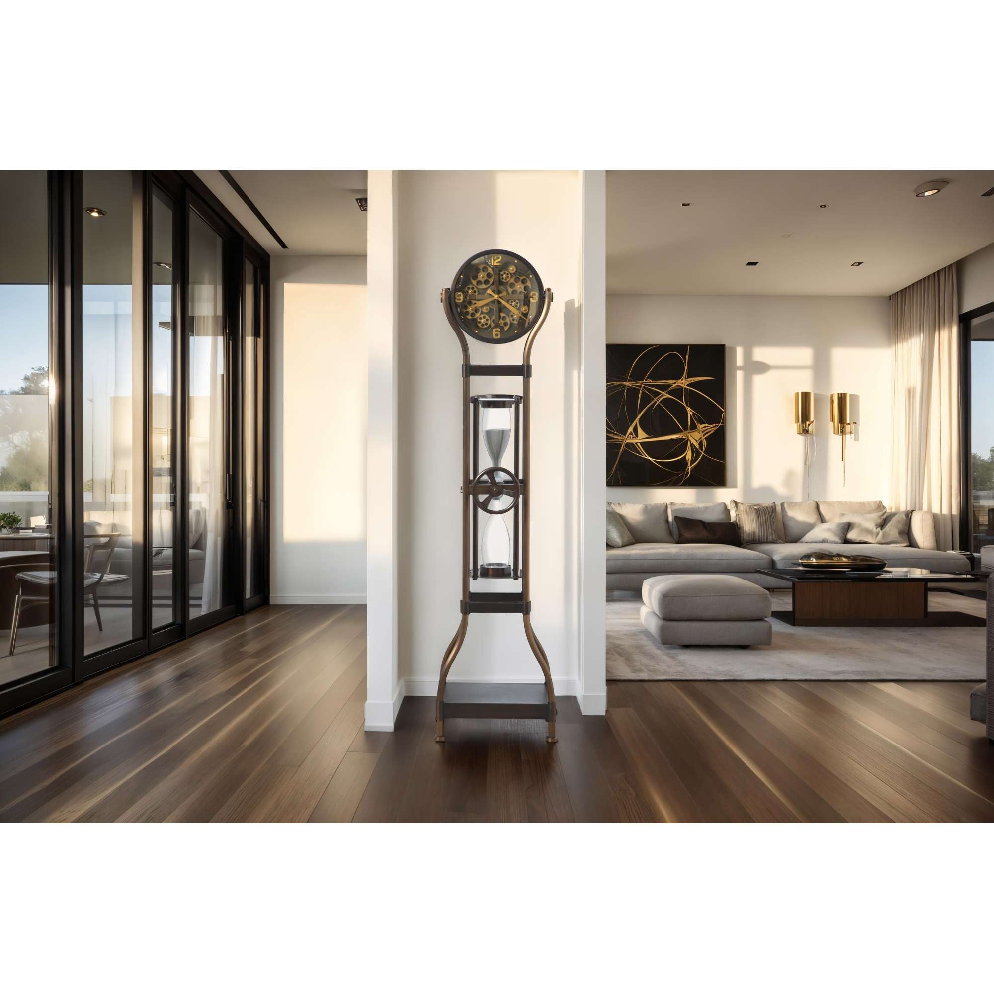 Interior view of a modern living space featuring a tall, decorative clock.