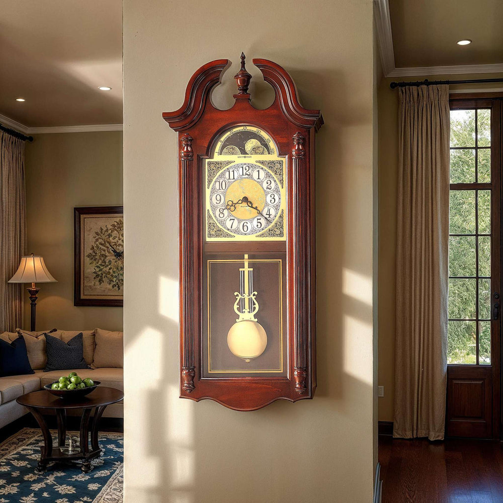 A vintage wooden wall clock with ornate design, hanging in a warmly lit room.
