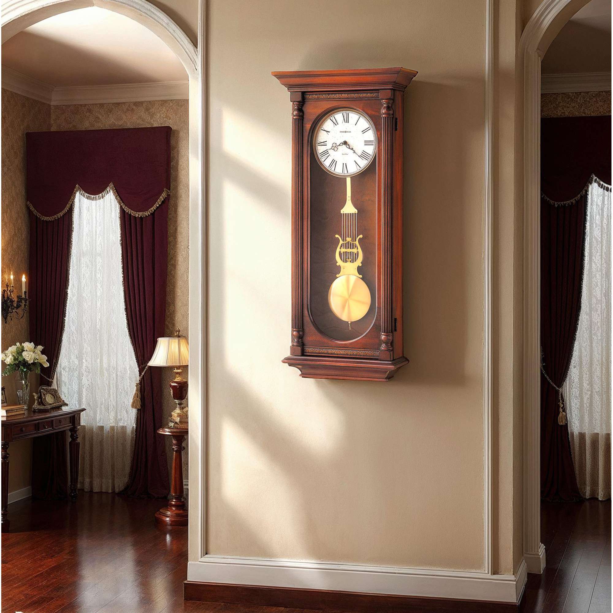 A classic wall clock with a wooden frame, displayed in a stylish room with elegant curtains.
