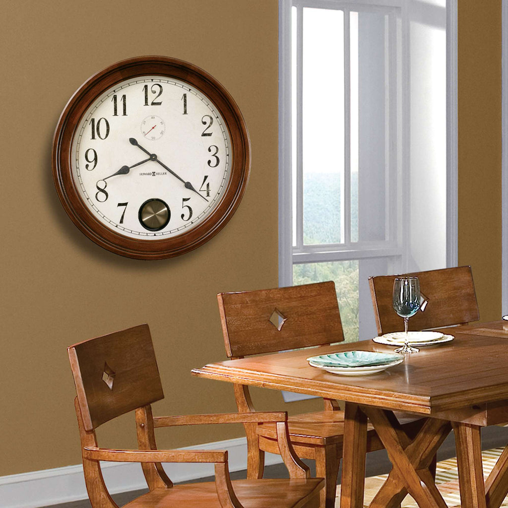 Wall clock above a wooden dining table and chairs