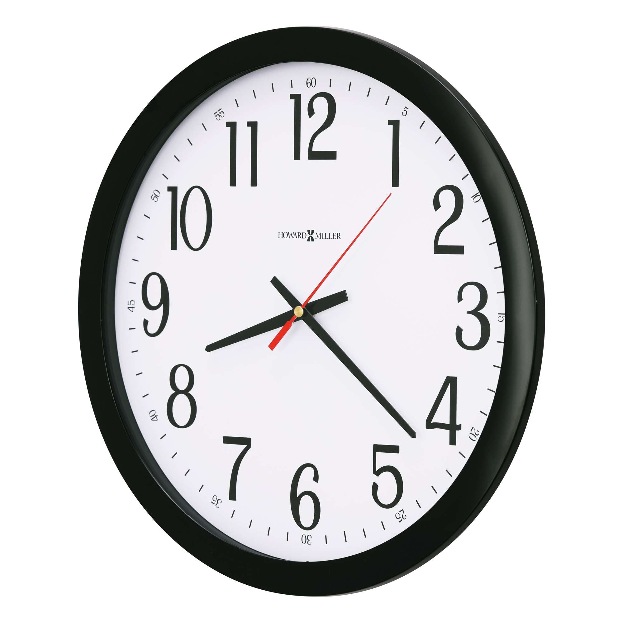 A circular wall clock with black frame and white face displaying numbers and clock hands.