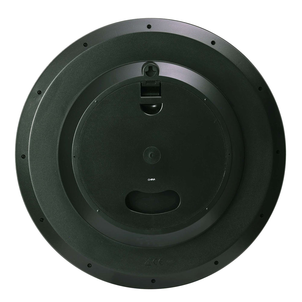 Top view of a round black speaker