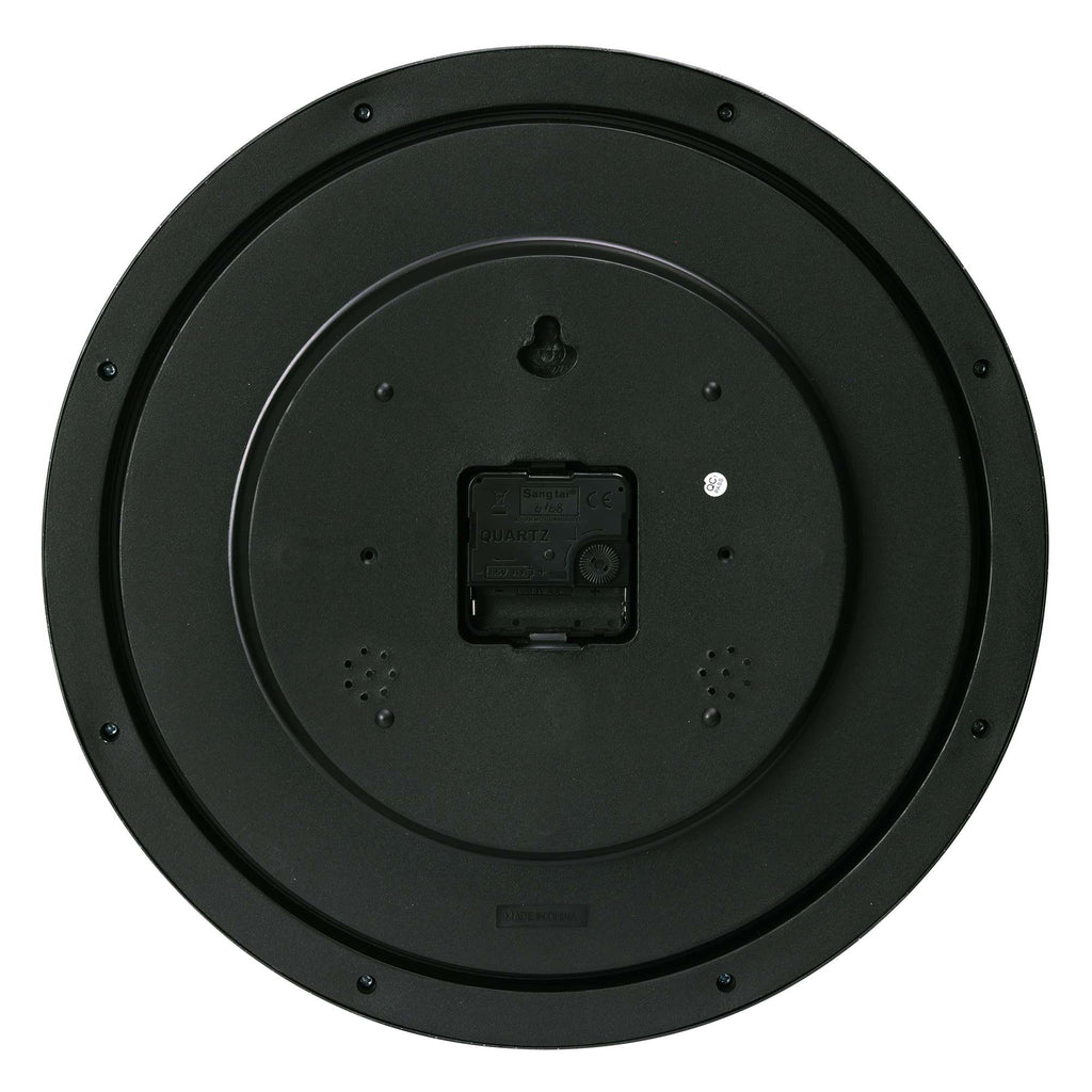 Back view of a circular black speaker with mounting hardware.