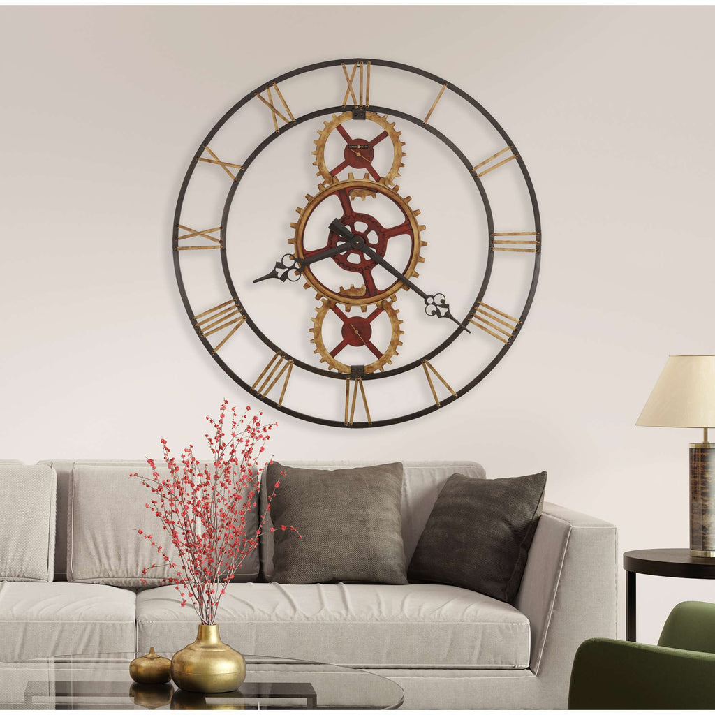 Wall clock with gears and Roman numerals above a couch.
