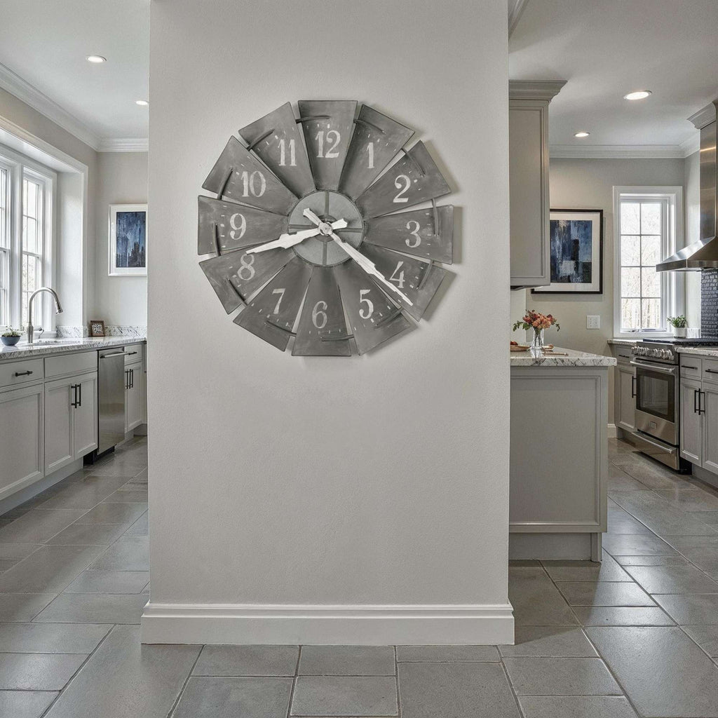 Large wall clock with a modern design displayed in a kitchen