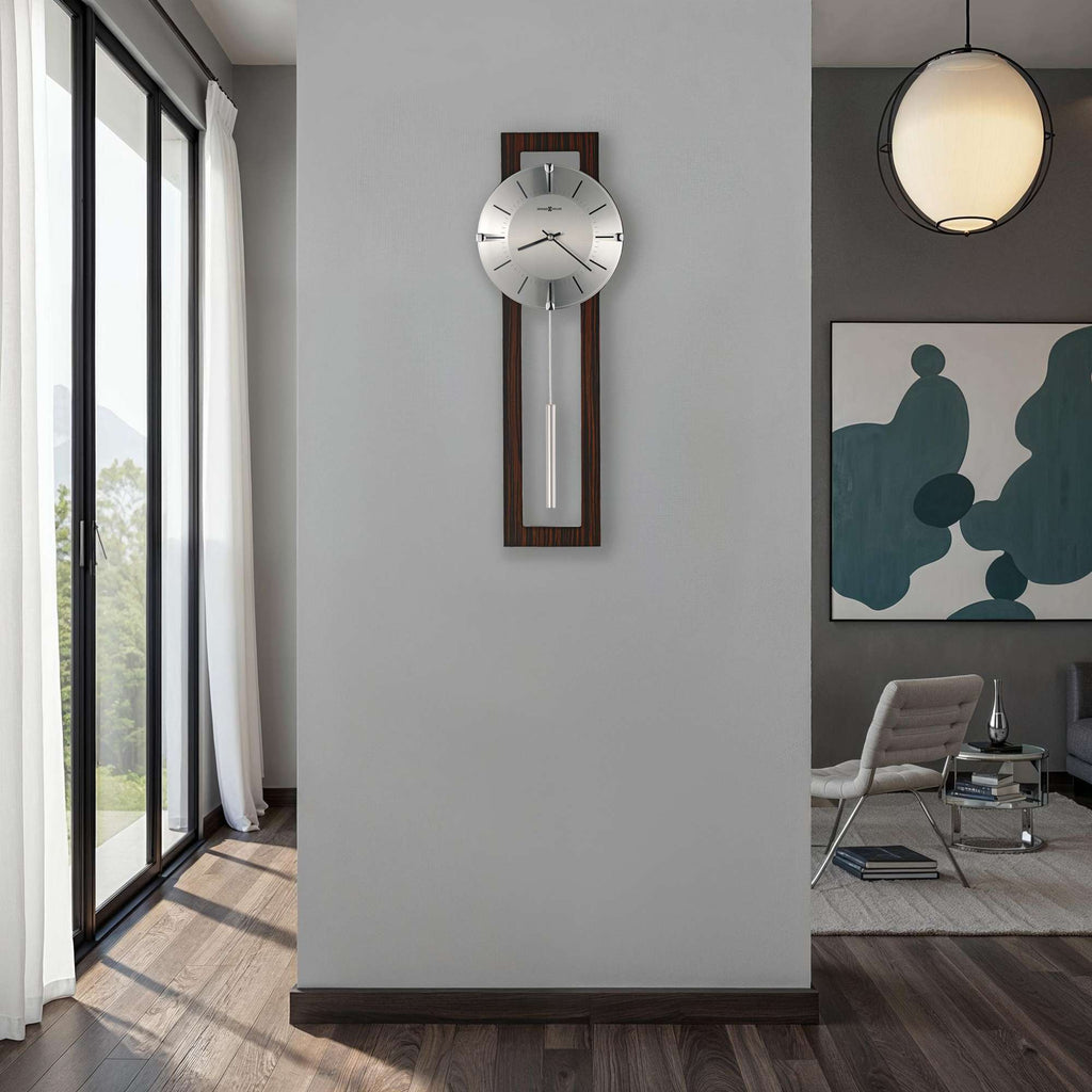 Contemporary wall clock in a modern living room setting.