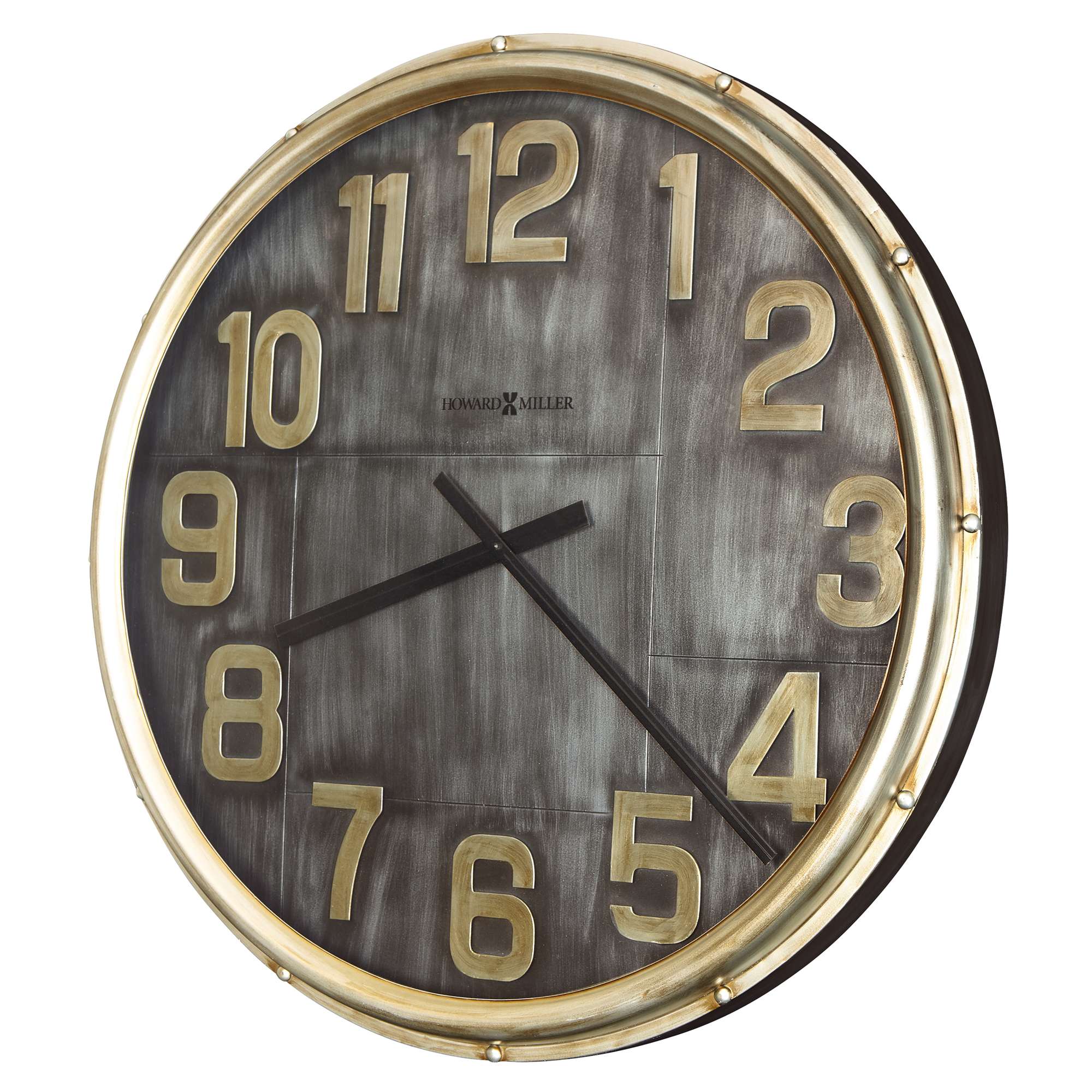 Round wall clock with gold numbers and a dark background
