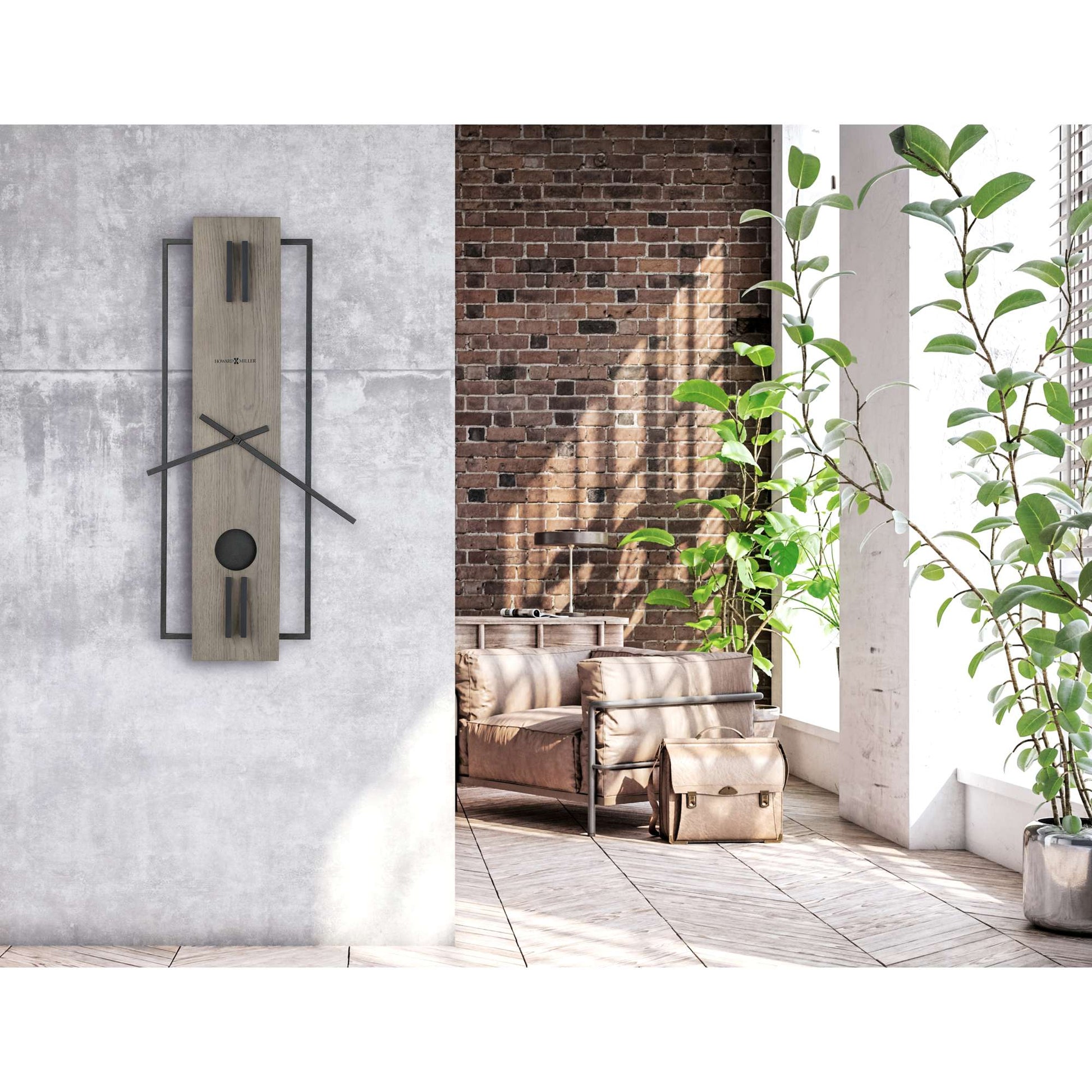 Modern wall clock on a concrete wall in a stylish interior with greenery and natural light.