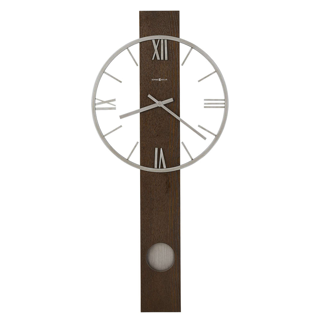 Modern wall clock with a round face, Roman numerals, and a wooden rectangular base.