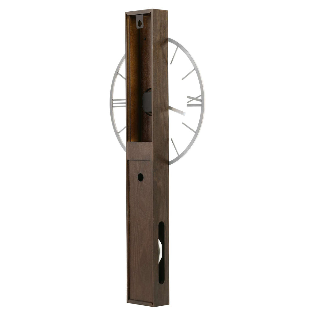 Modern wall clock with a wooden frame and minimalist design.