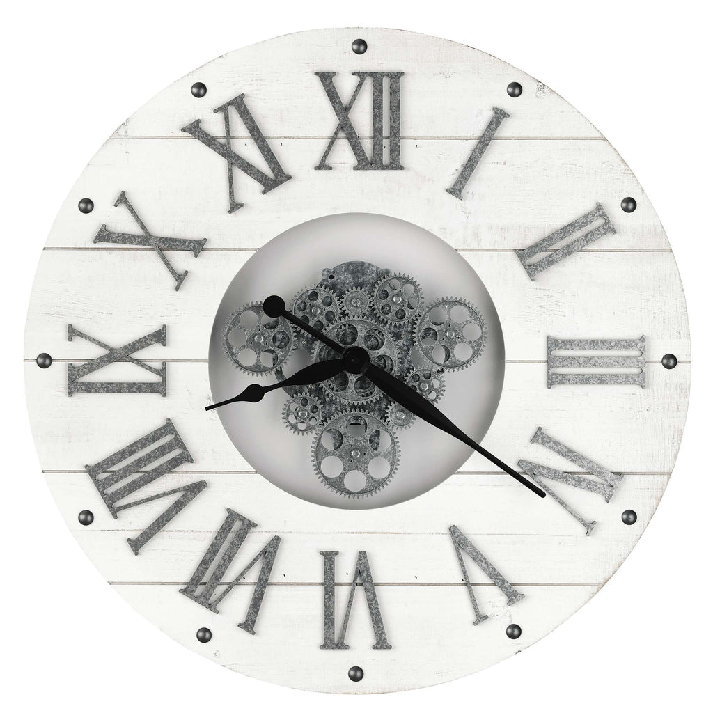 Vintage-style wall clock with Roman numerals and visible gears on a wooden background.