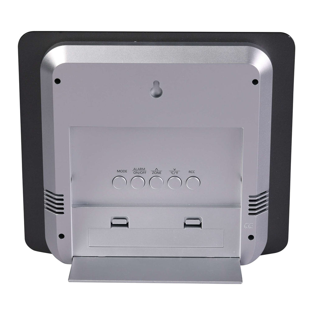 Back view of a digital photo frame with control buttons and stand