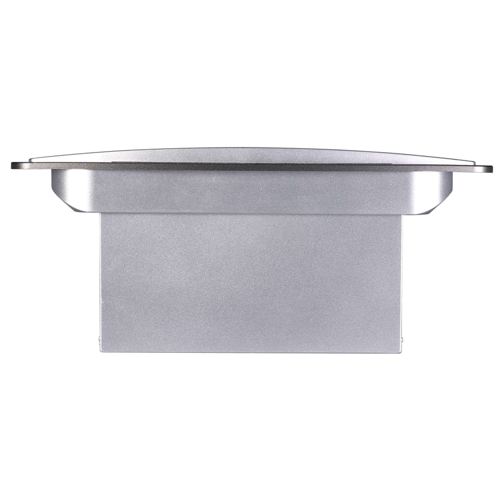 Top view of a silver metallic object with a flat surface and rectangular base.
