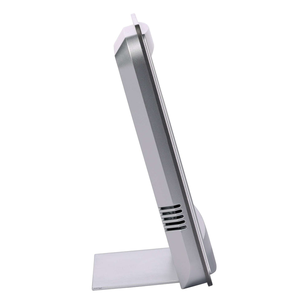 Side view of a modern, slim computer monitor on a white base.