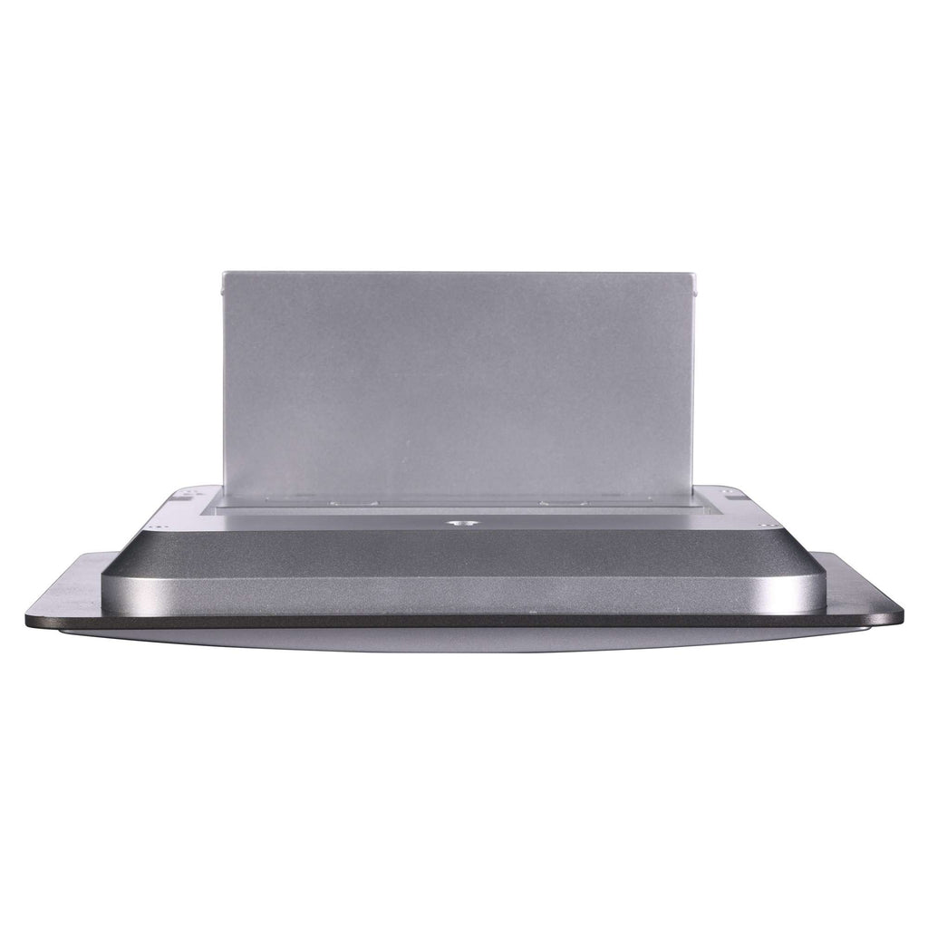 Front view of a sleek, modern desktop stand or monitor mount.
