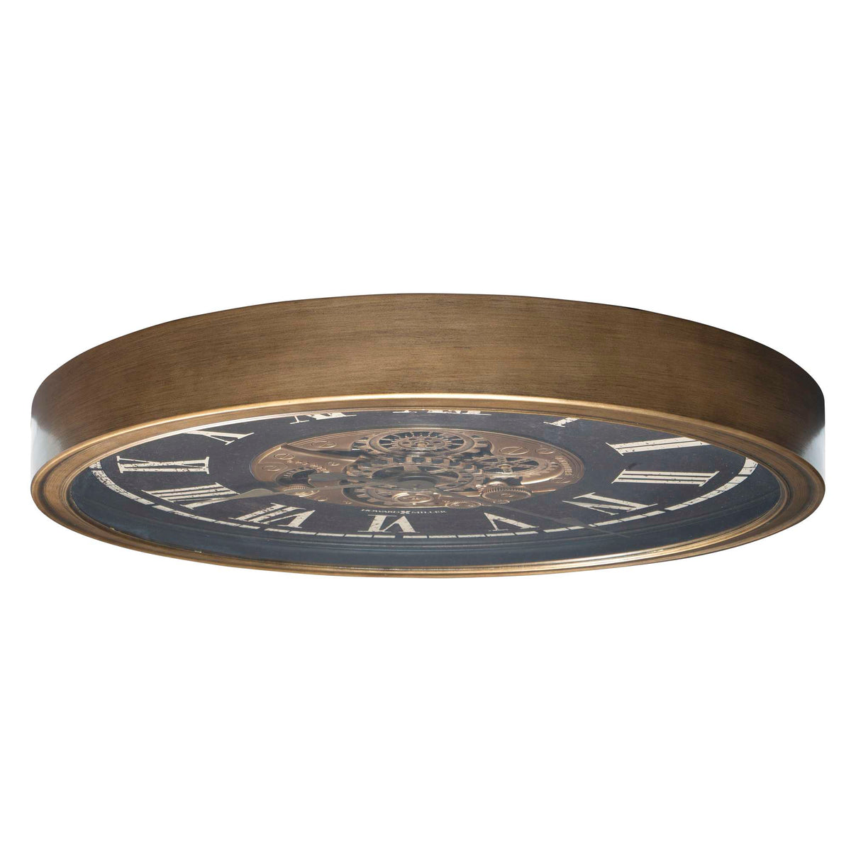 A round wall clock with a vintage design and Roman numerals.