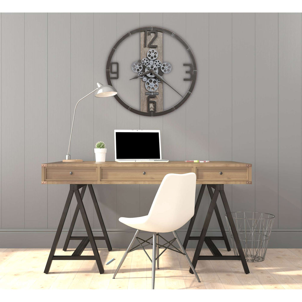 A modern workspace featuring a wooden desk, a white chair, a laptop, a lamp, and a decorative wall clock.