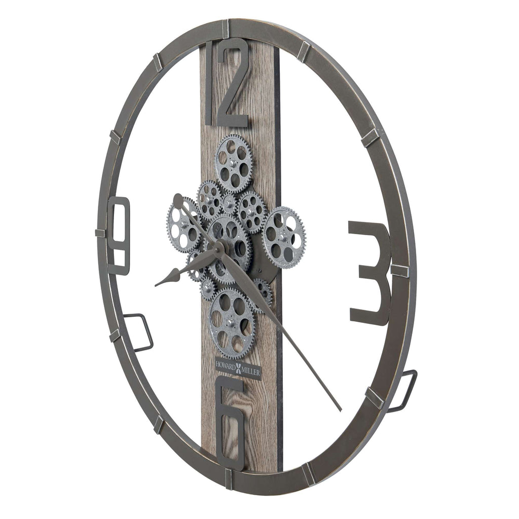 Industrial-style wall clock featuring gears and a wooden background.