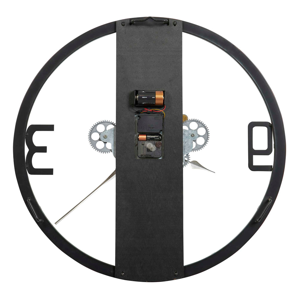 A minimalist wall clock featuring a circular design with exposed gears and a black frame.