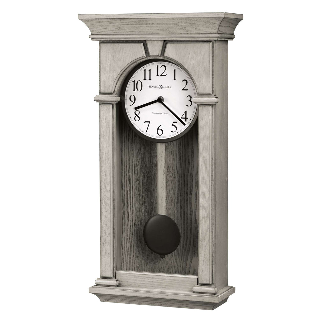 Wall clock with a gray wooden frame and a round white face.