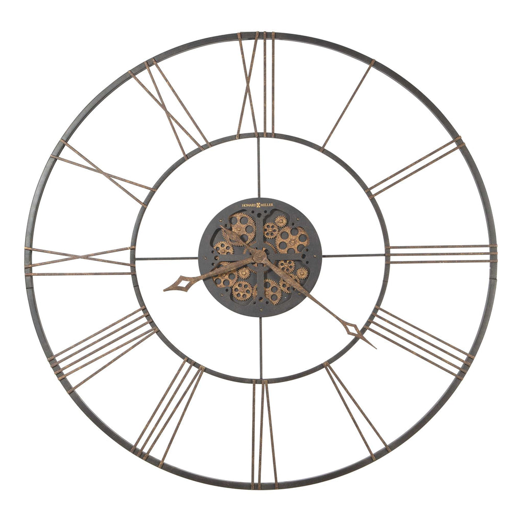 Large decorative wall clock with a circular design and exposed gear mechanism.