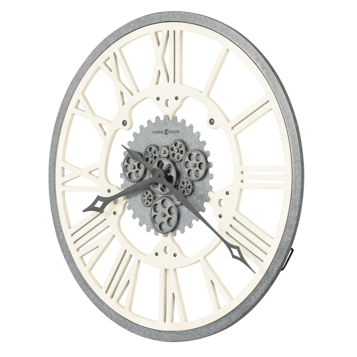 A decorative wall clock with a gear design and Roman numerals.