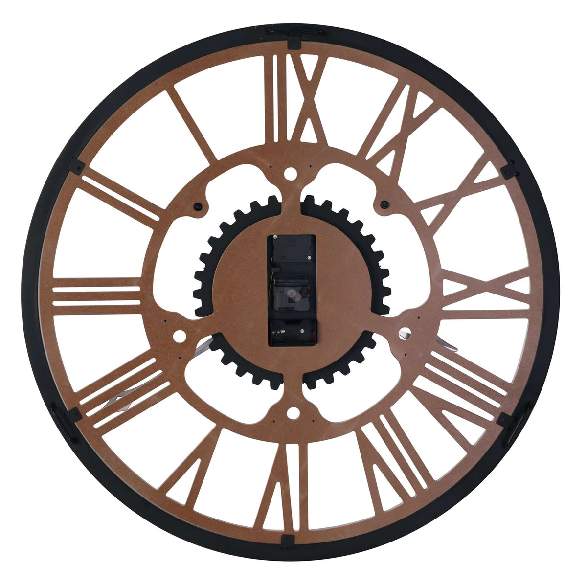 Decorative wall clock with a gear mechanism and Roman numerals.