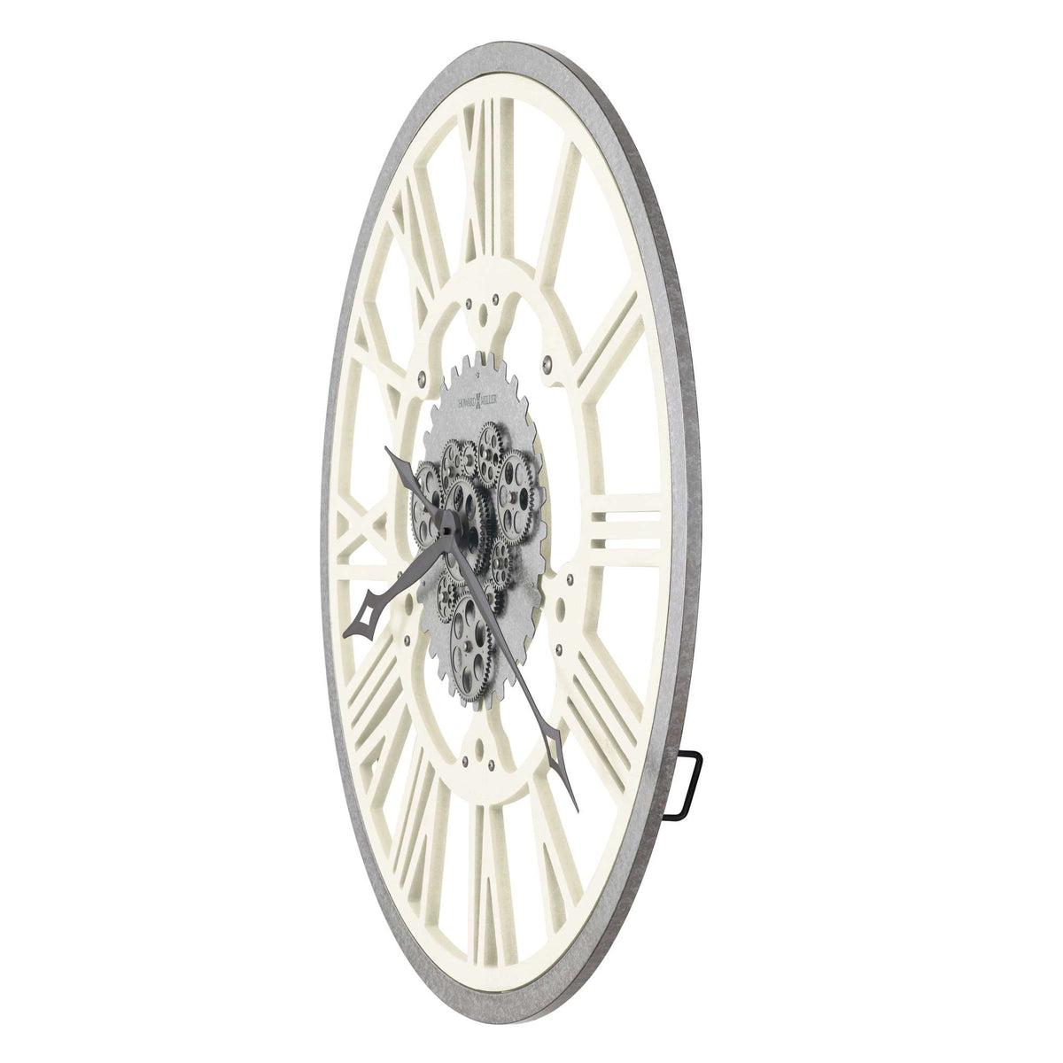 A stylish wall clock with Roman numerals and visible gears.
