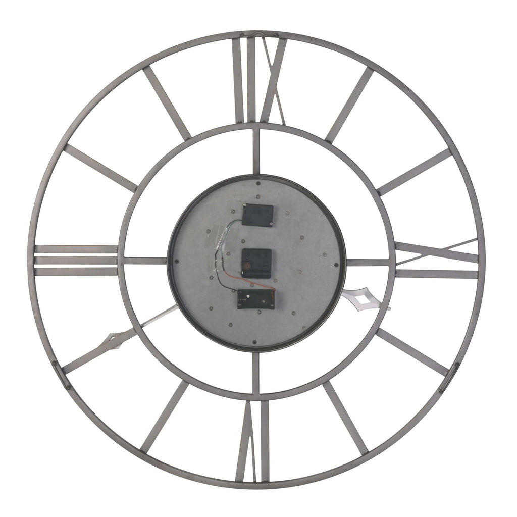 Large wall clock with a minimalist metal frame and exposed mechanism.