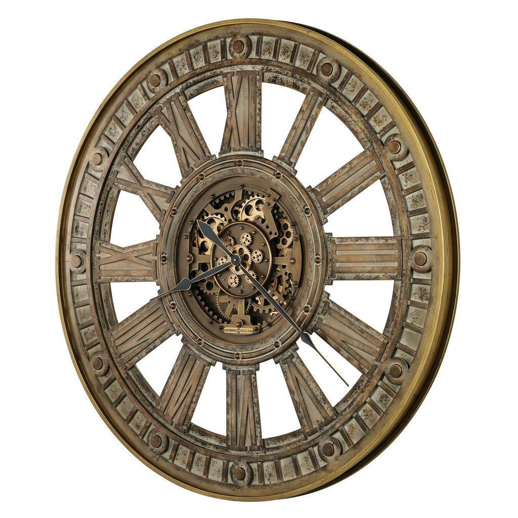 A vintage wall clock with a decorative wooden frame and visible gears.