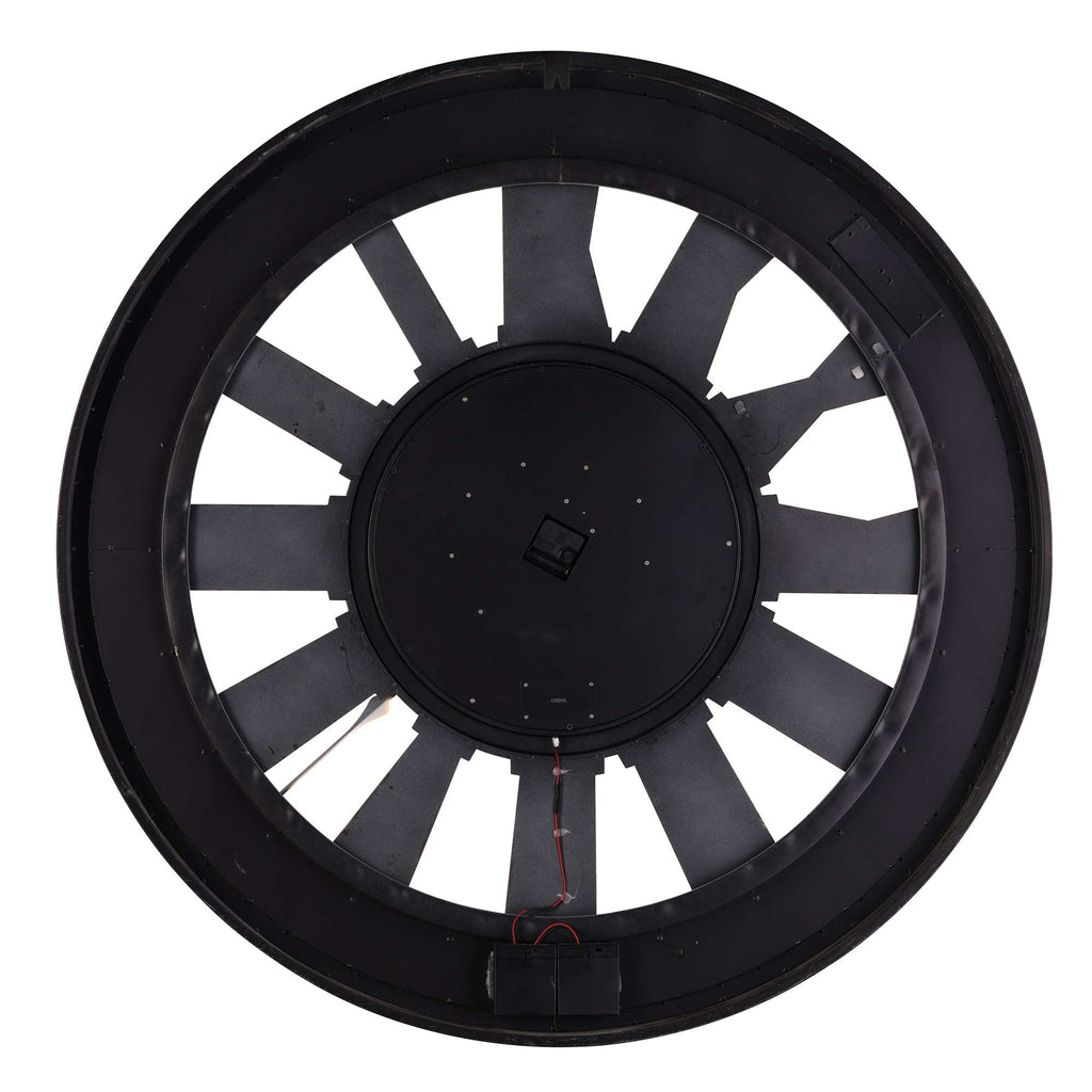 Top view of a black fan blade assembly with multiple blades and a circular design.