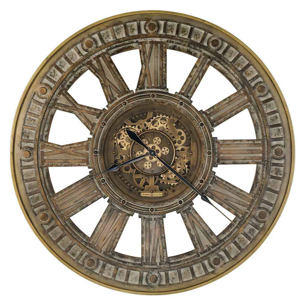 A vintage-style wall clock with a wooden frame and intricate gear design in the center.
