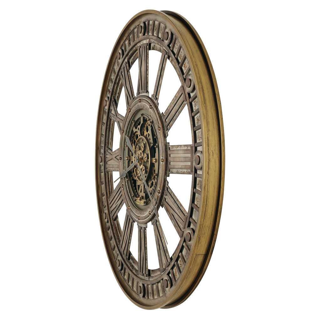 Decorative wall clock with intricate design and gold accents.