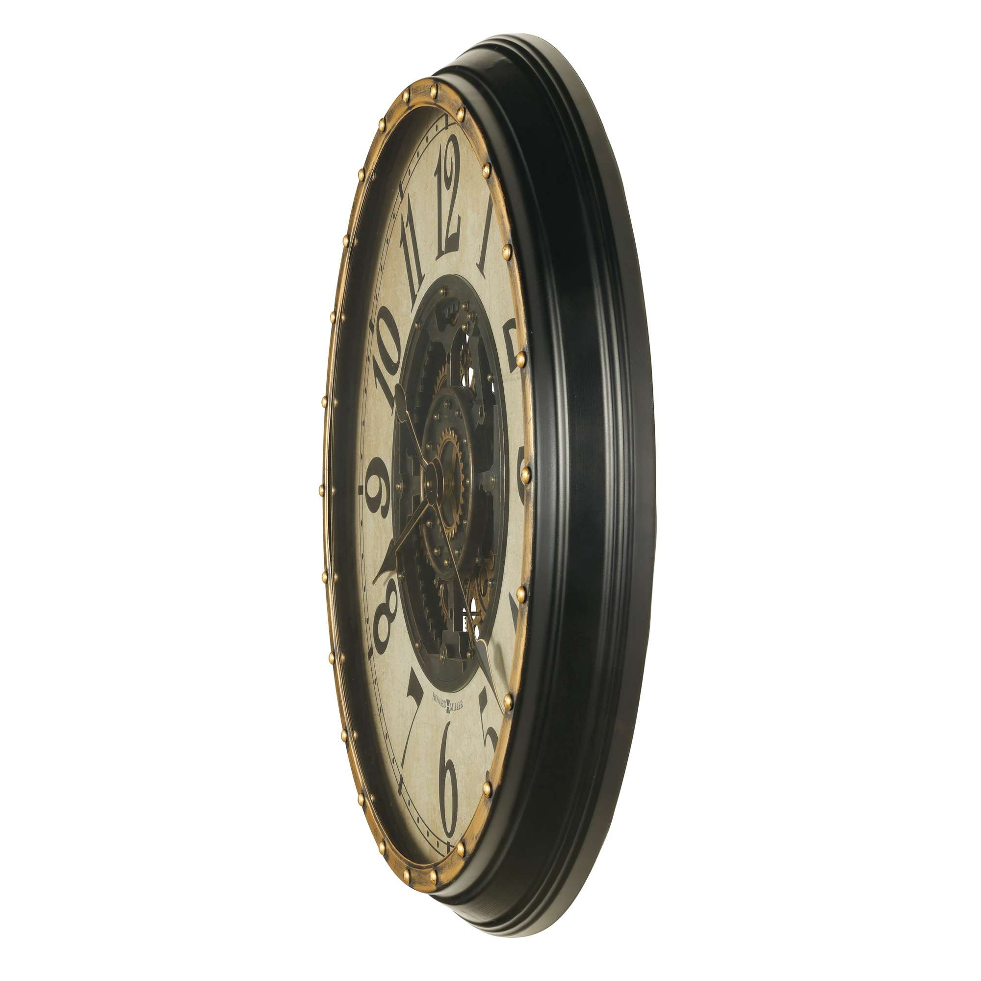 An antique-style wall clock with a black frame and ornate details