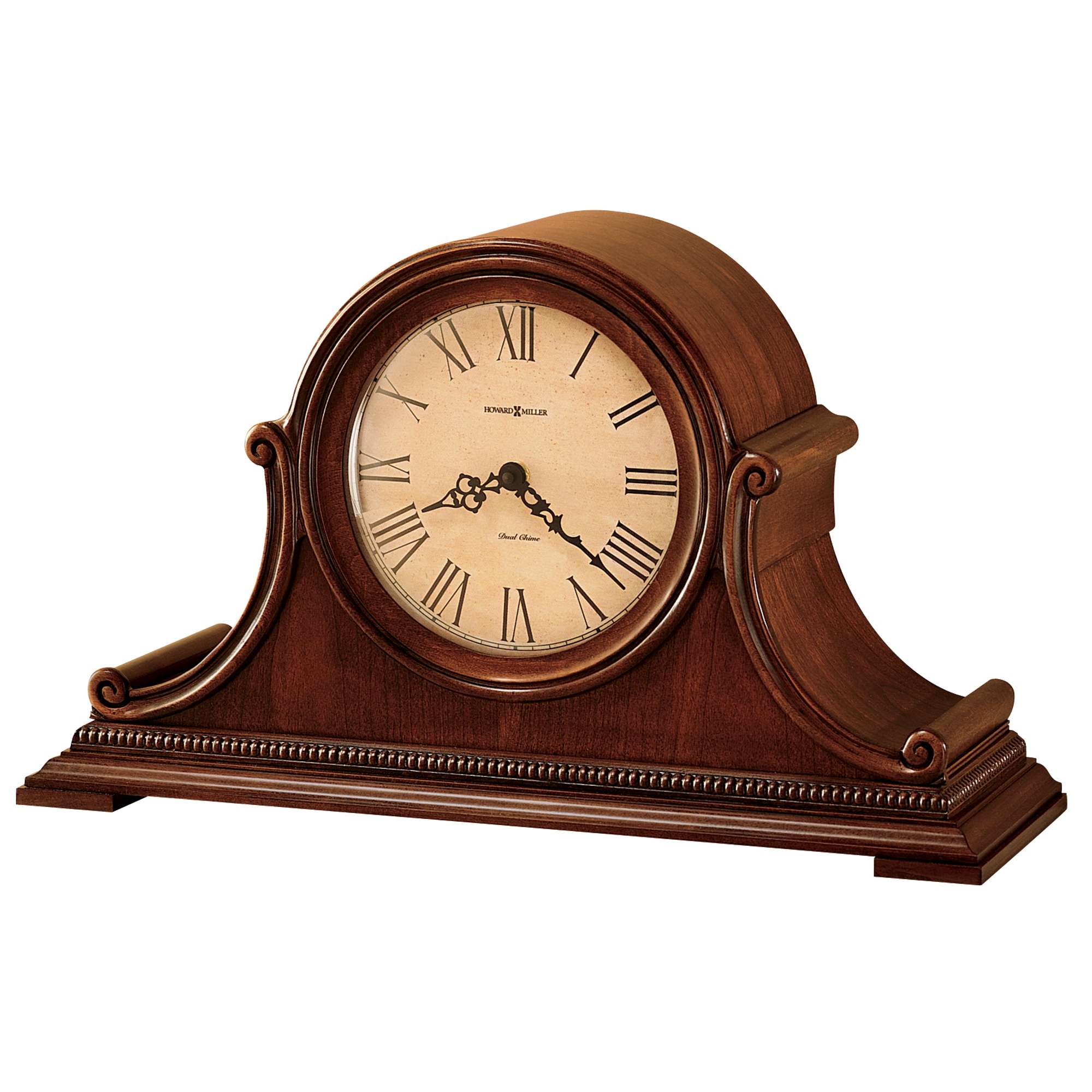 Table clock with a classic wooden design and Roman numerals.